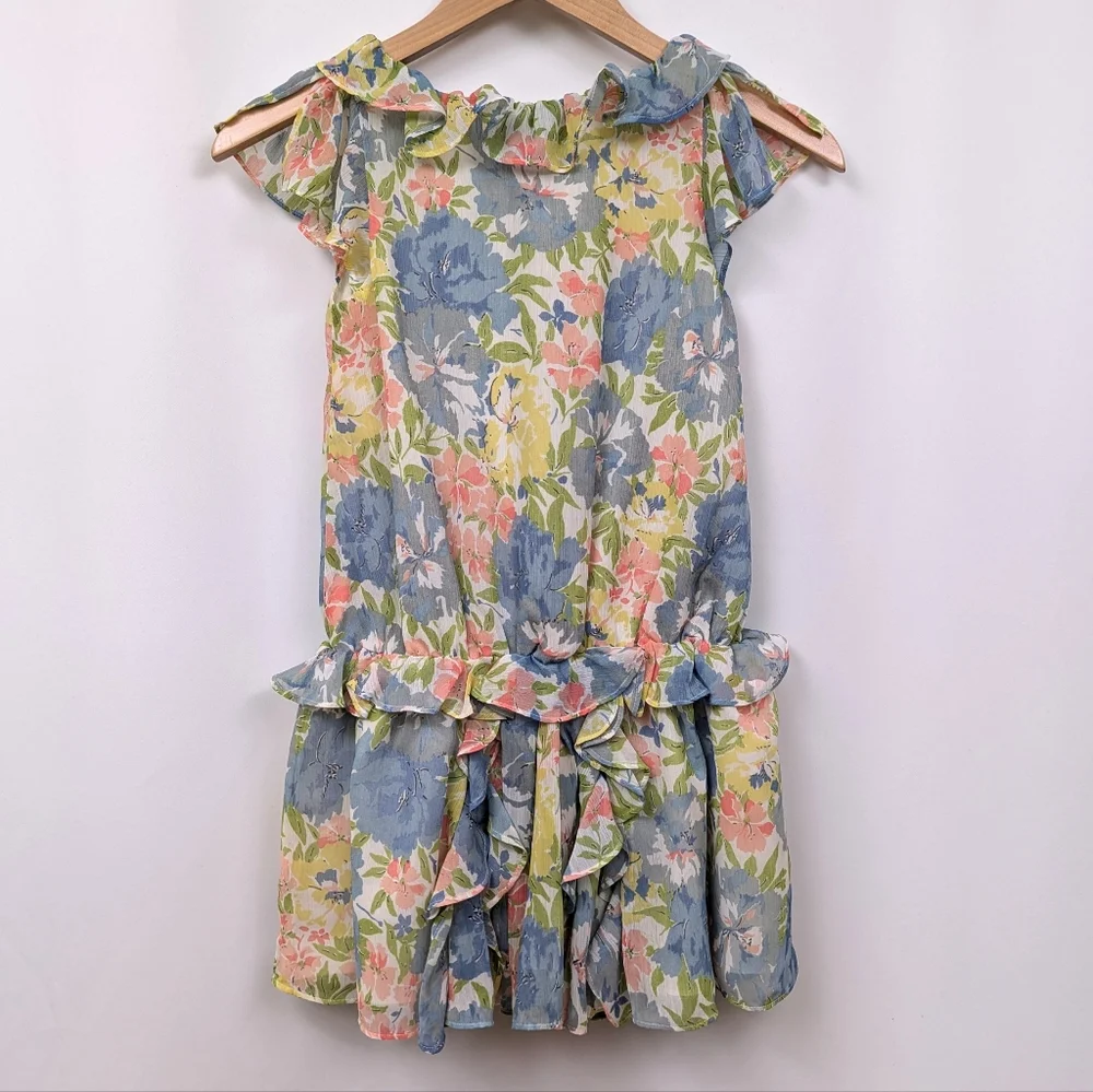 Ralph Lauren Chiffon Dress Watercolor Floral Ruffle Flutter Sleeve Cottagecore 7